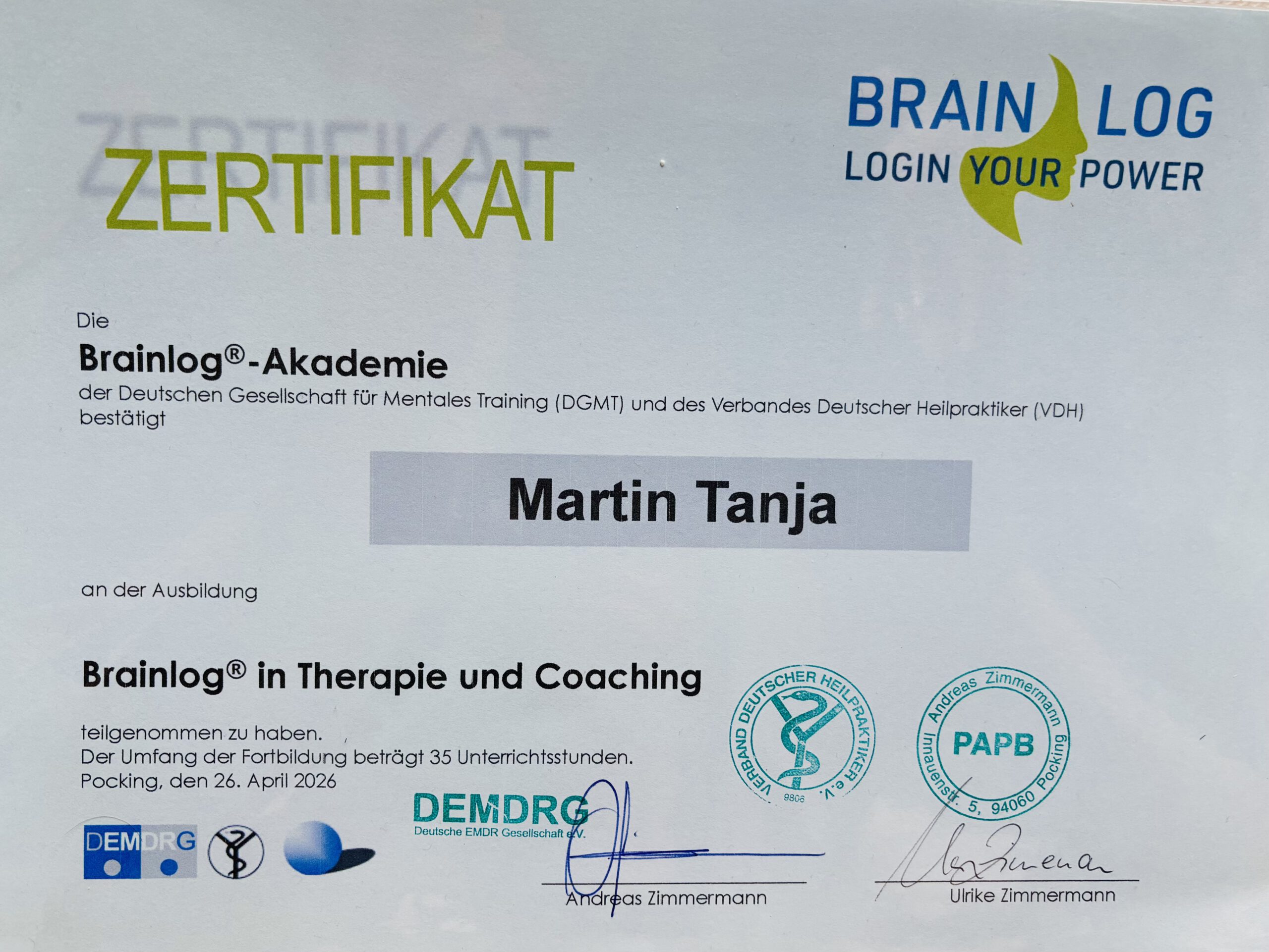 Zertifikat Brainlog